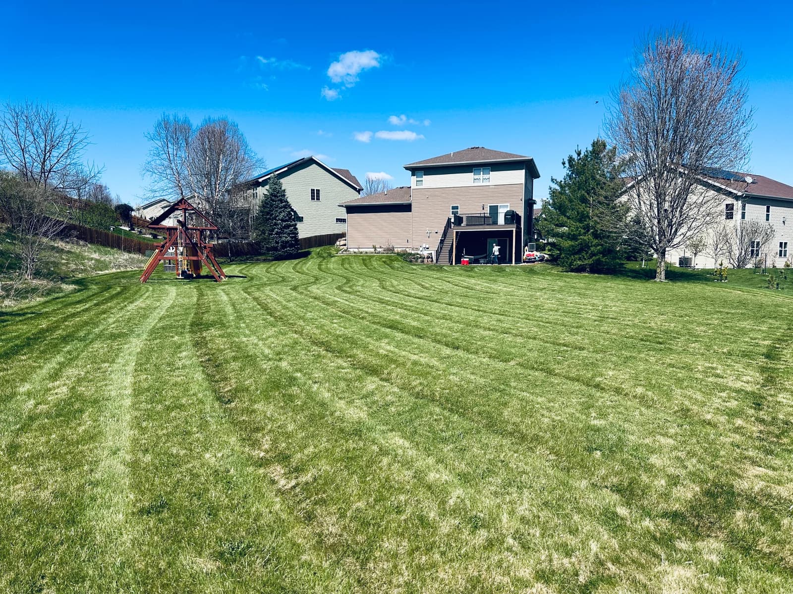 Large residential lawn transformed with crisp professional mow stripes after TotalGuard service in Madison WI